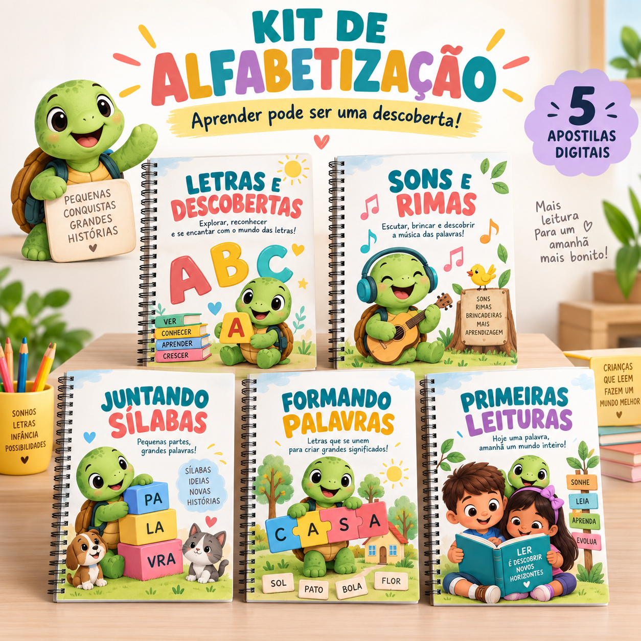 Kit completo com cinco apostilas de alfabetização