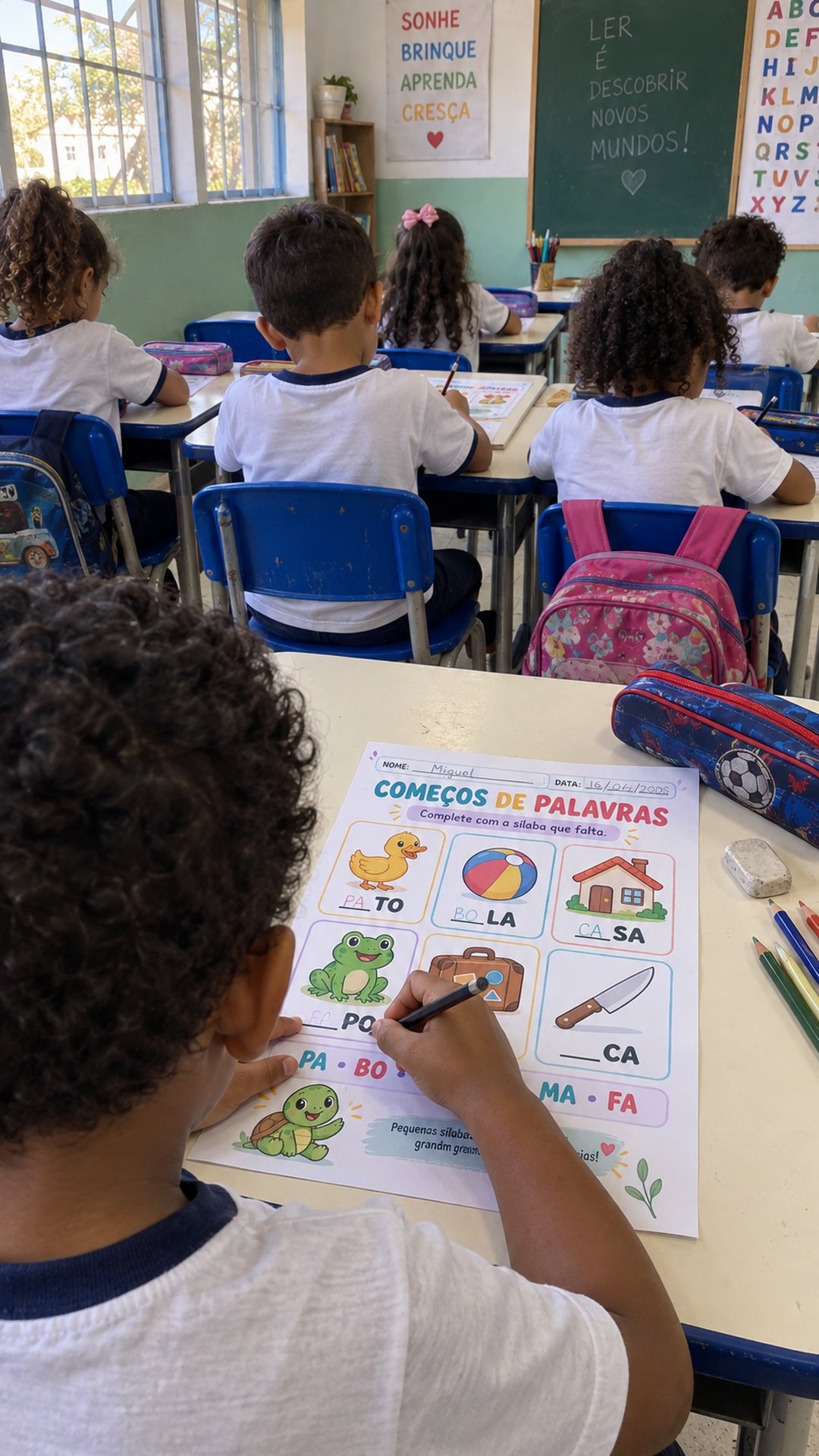 Cena ilustrativa 1: crianças realizando atividades de alfabetização em sala de aula
