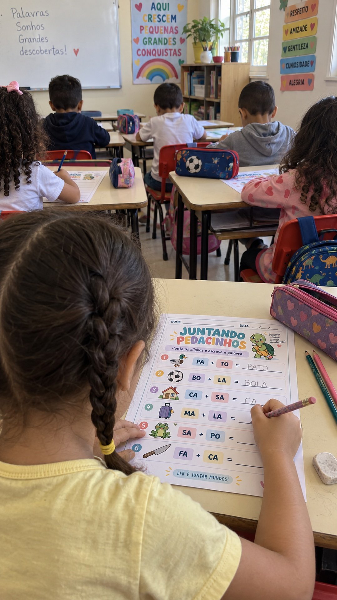 Cena ilustrativa 2: crianças realizando atividades de alfabetização em sala de aula