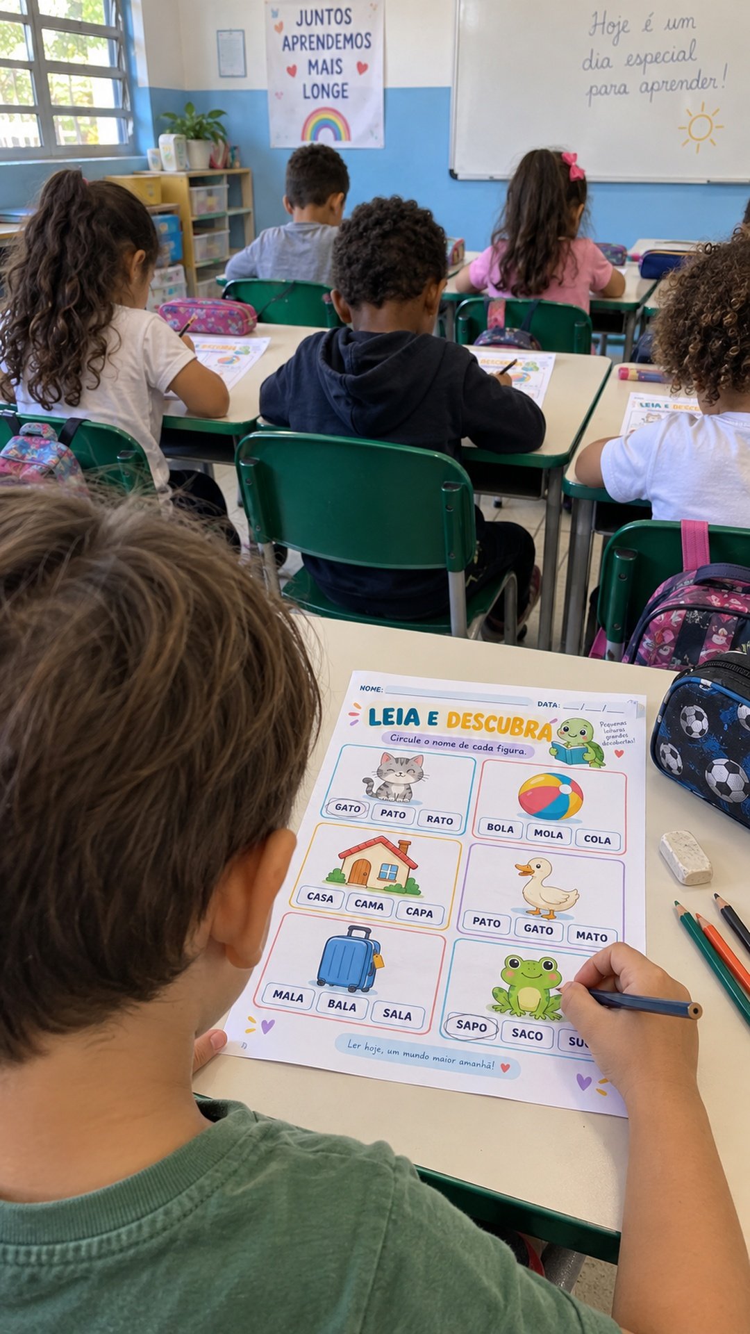 Cena ilustrativa 3: crianças realizando atividades de alfabetização em sala de aula