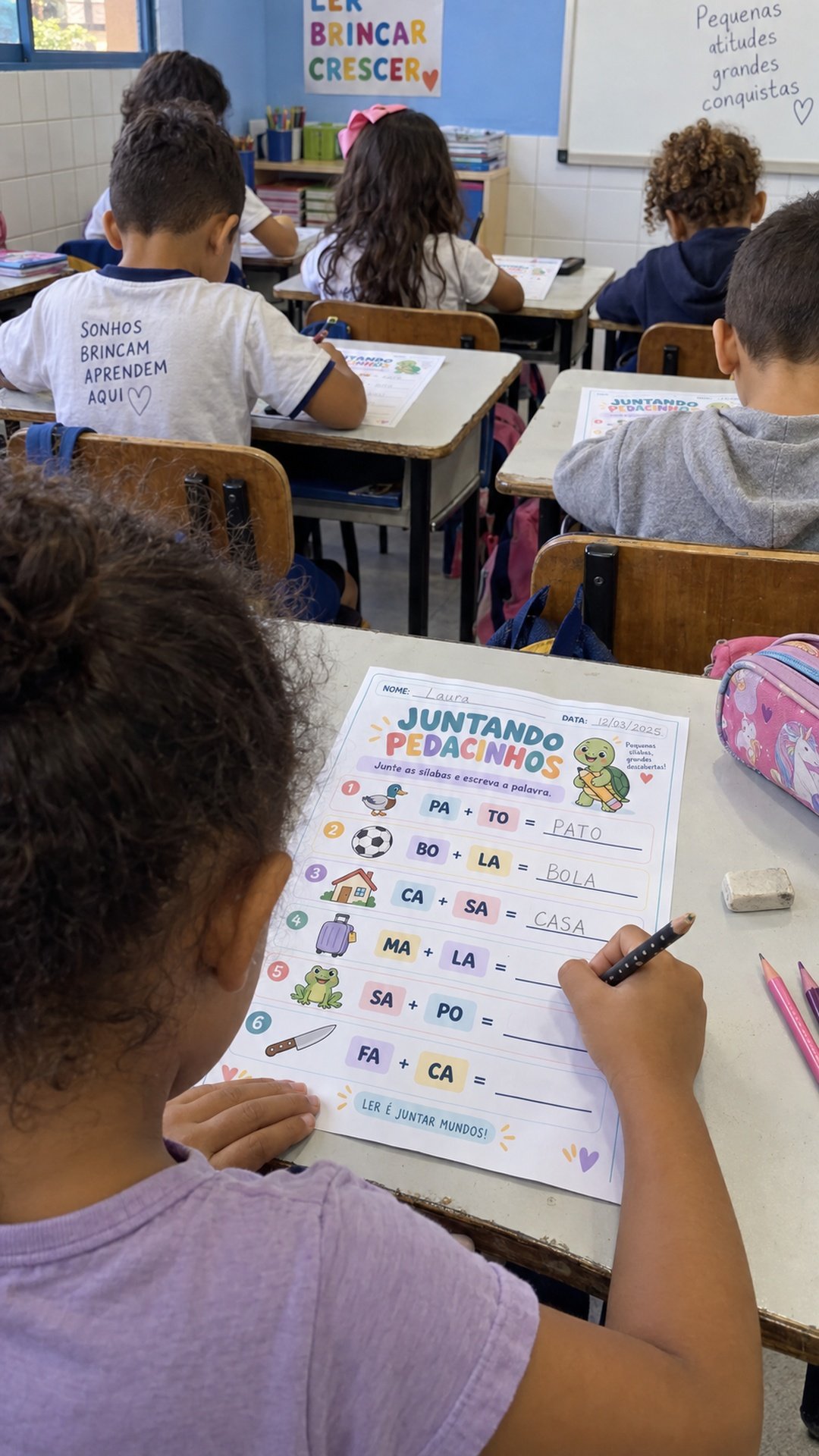 Cena ilustrativa 5: crianças realizando atividades de alfabetização em sala de aula