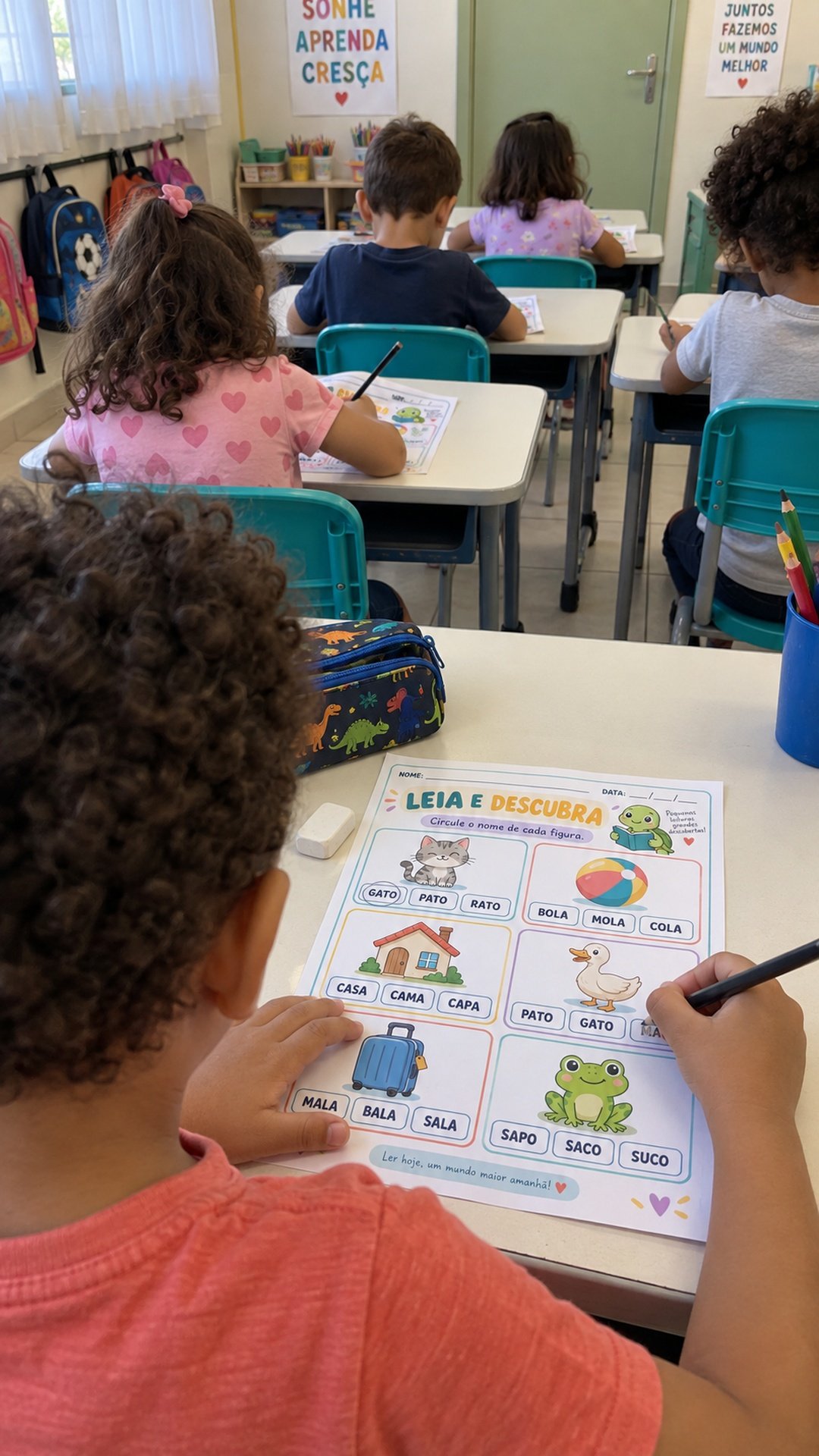 Cena ilustrativa 6: crianças realizando atividades de alfabetização em sala de aula